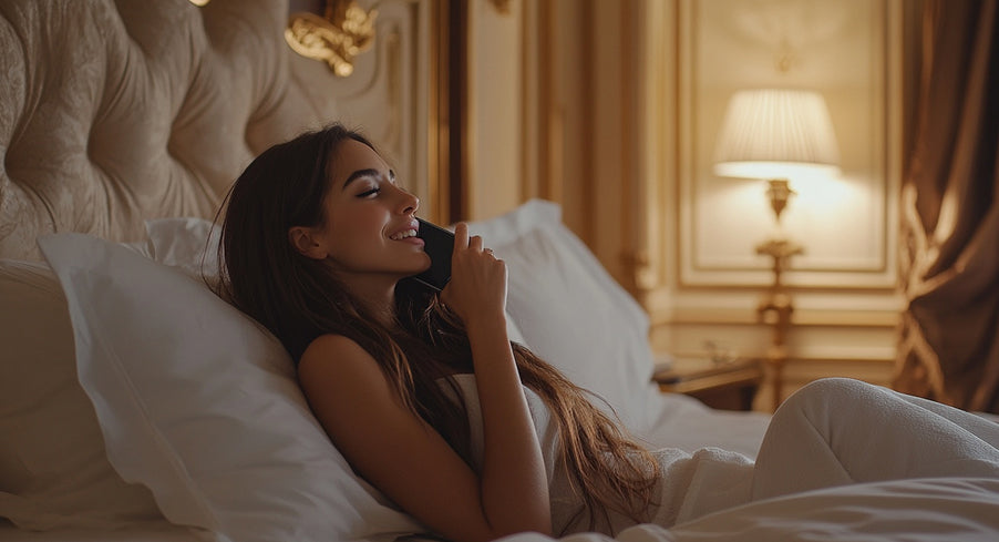 Woman reclining in a luxurious hotel bed, holding a smartphone, warm ambient lighting