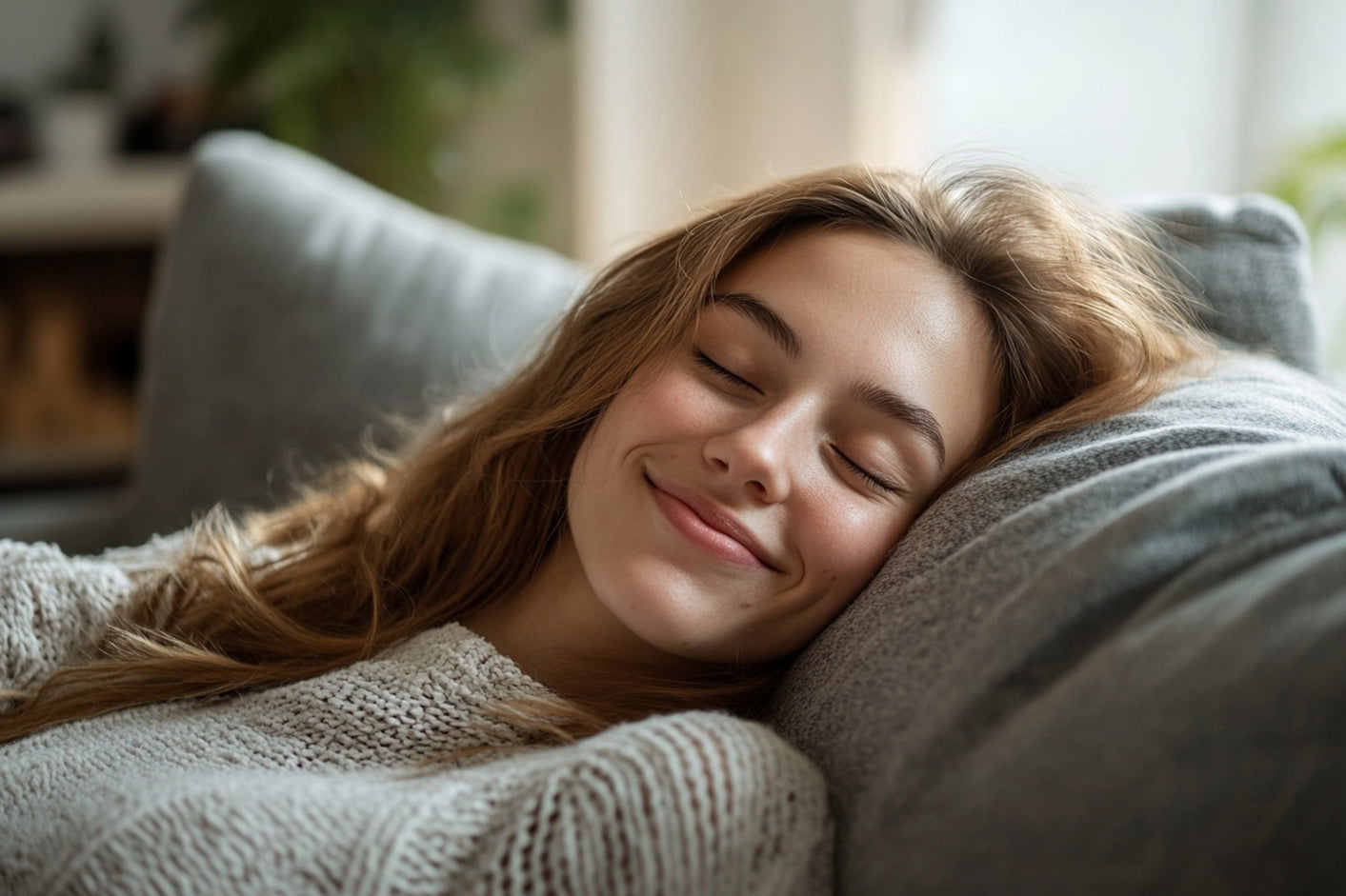 Smiling woman relaxing on a sofa with eyes closed