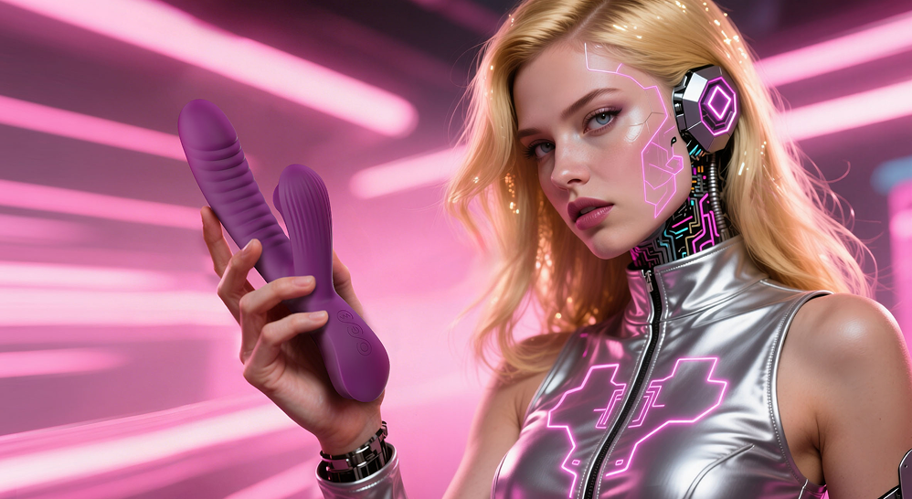 futuristic woman with tech headset holding a vibrators