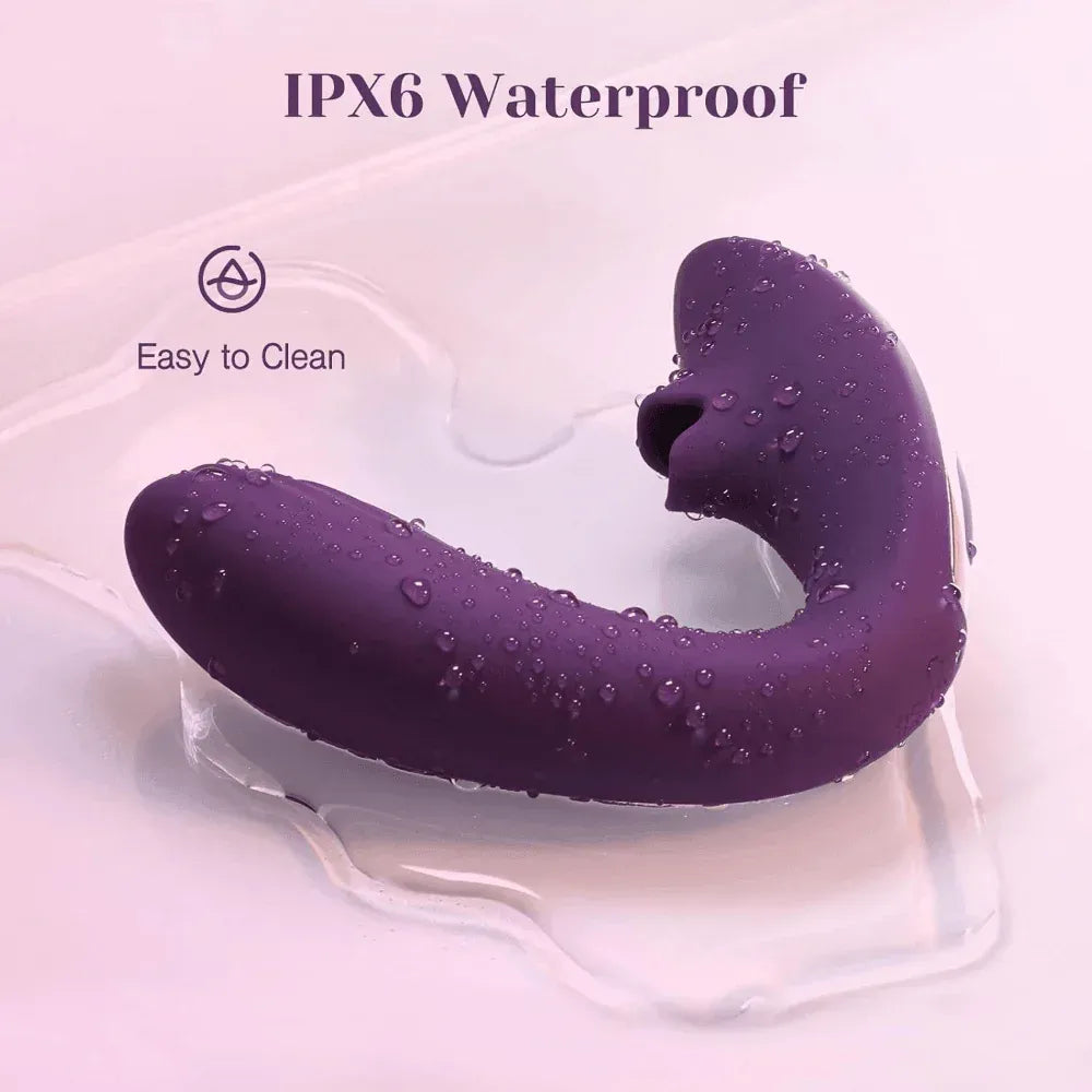 Purple waterproof silicone licking vibrator with Easy to Clean text