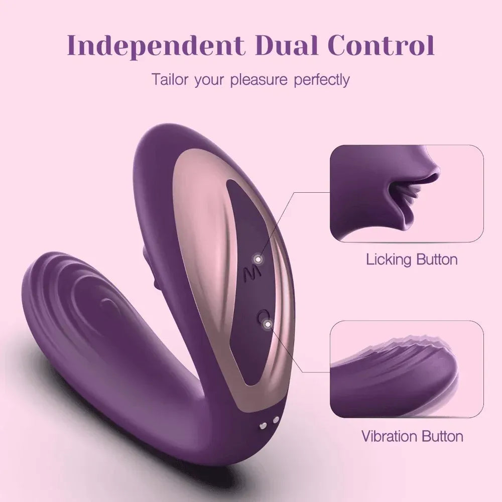 Purple dual-control clitoral licking vibrator with licking and vibration buttons