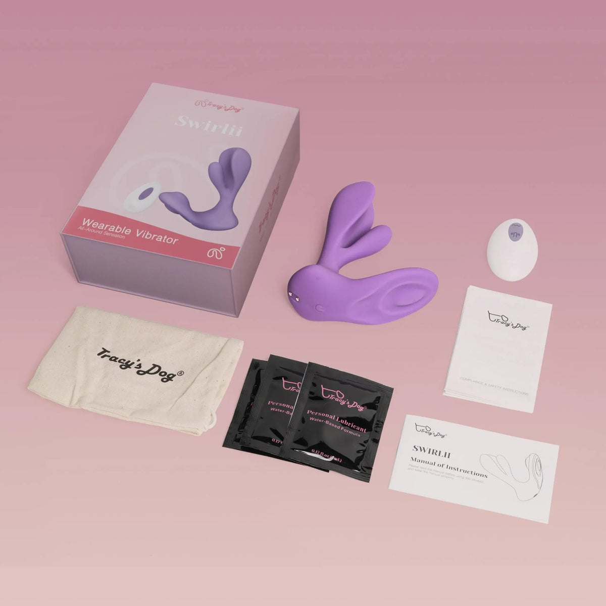 Swirlii wearable swing vibrator kit with purple vibrator, box, pouch, lubricant, remote, and instructions