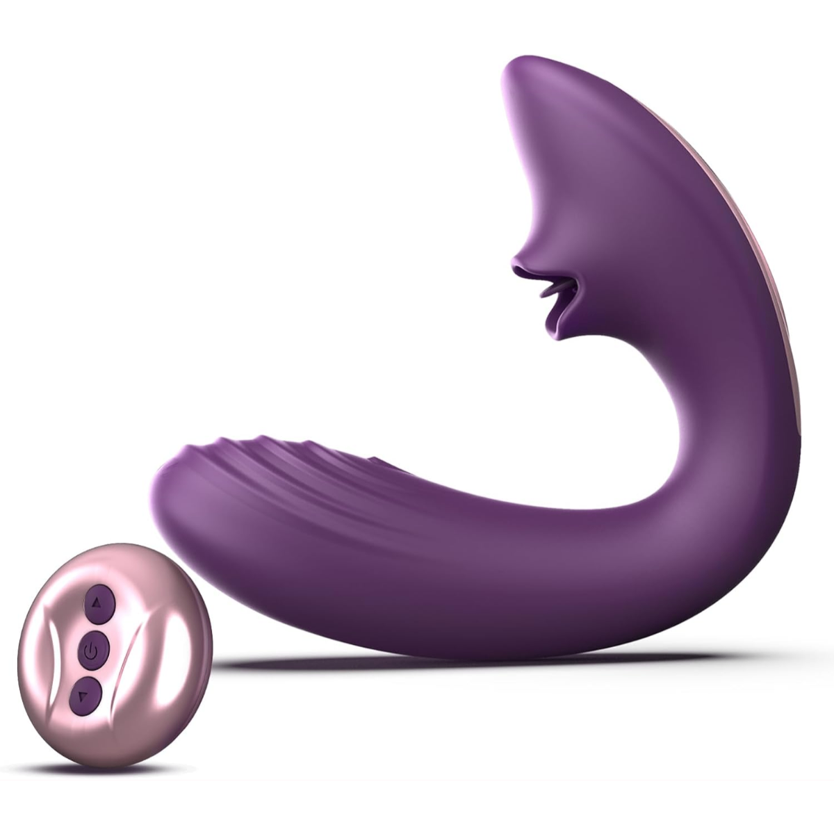 Purple clitoral licking vibrator with textured stimulation and rose gold remote control on white background.
