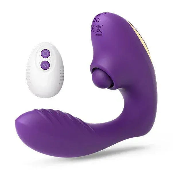 Purple OG POP clitoral tapping vibrator with textured shaft and round stimulator, shown with white remote on white background.
