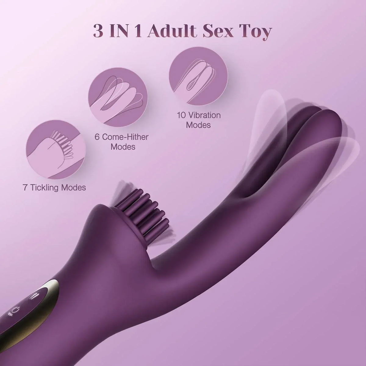 Purple silicone clitoral tickling vibrator with dual-prong design and 10 vibration modes
