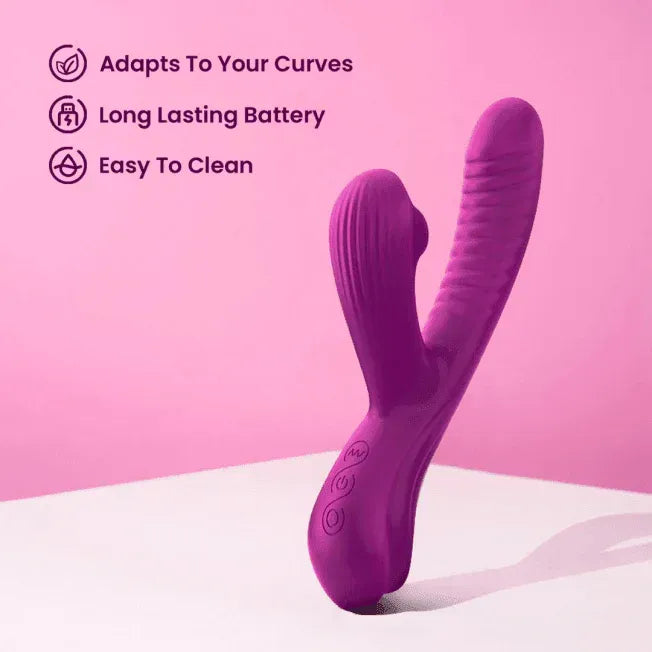 Purple silicone rabbit vibrator with swing arm, shown with features: adapts to curves, long battery, easy to clean