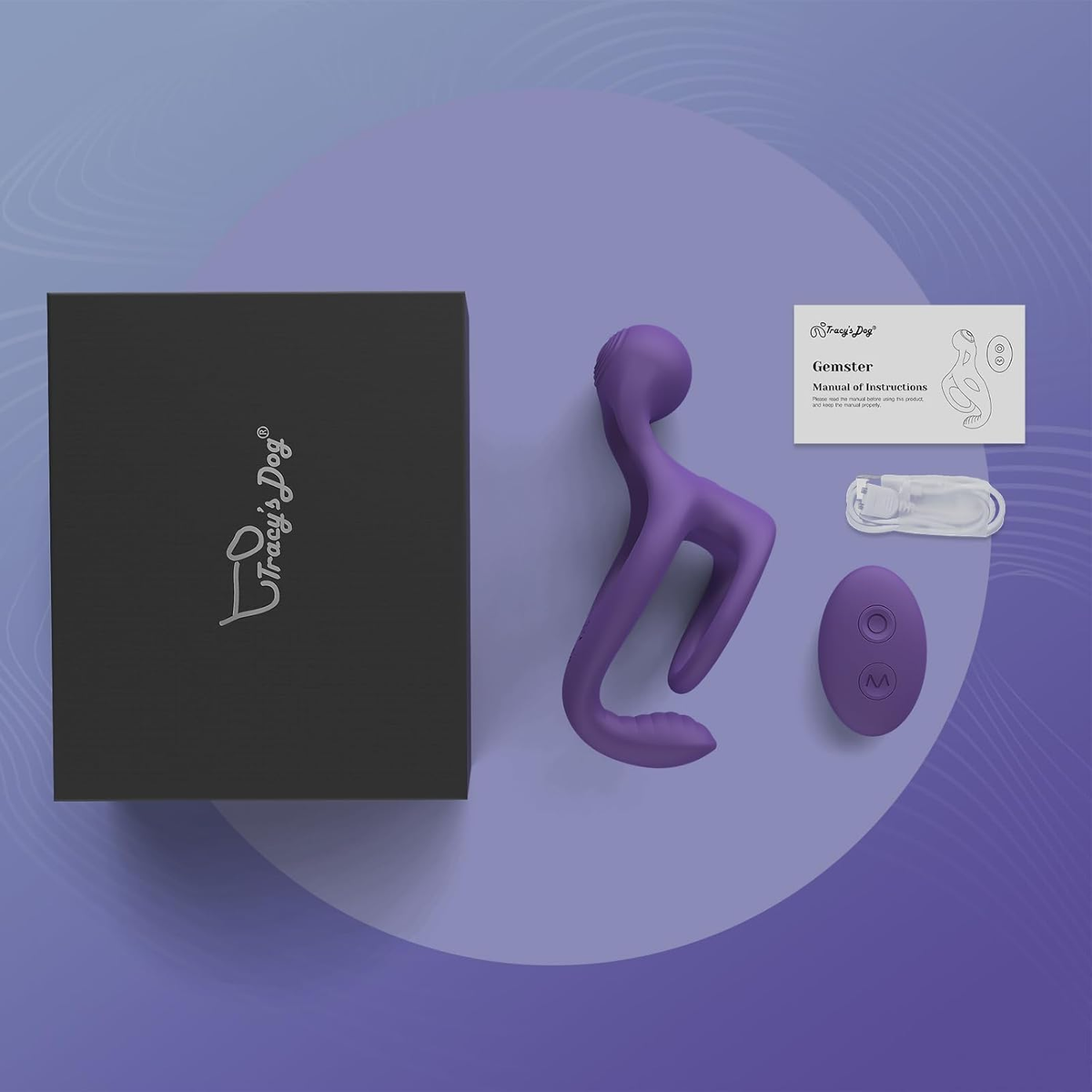 Purple Gemster couple ring with black box, remote, manual, and charging cable