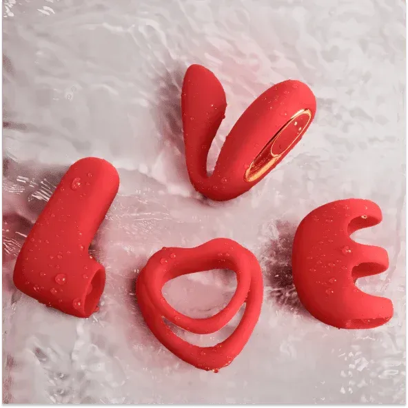 Four-piece red silicone remote couple kit with curved dual stimulators