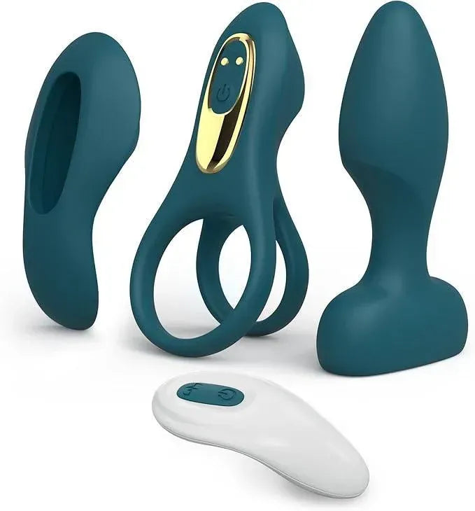 Maxikit couple vibrator kit with wearable vibrator, butt plug, and remote. Teal silicone adult toys with gold accents.