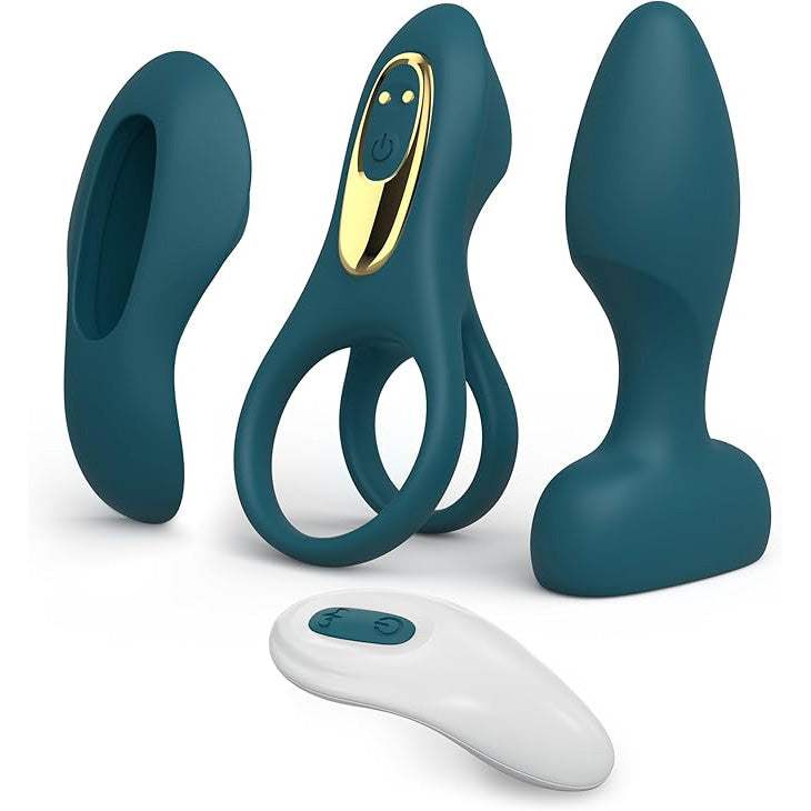 Maxikit couple vibrator kit with wearable vibrator, butt plug, and remote. Teal silicone adult toys with gold accents.