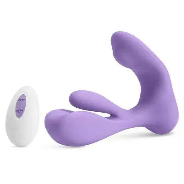 Purple silicone Swirlii wearable swing vibrator and white remote control with wave icons on white background.