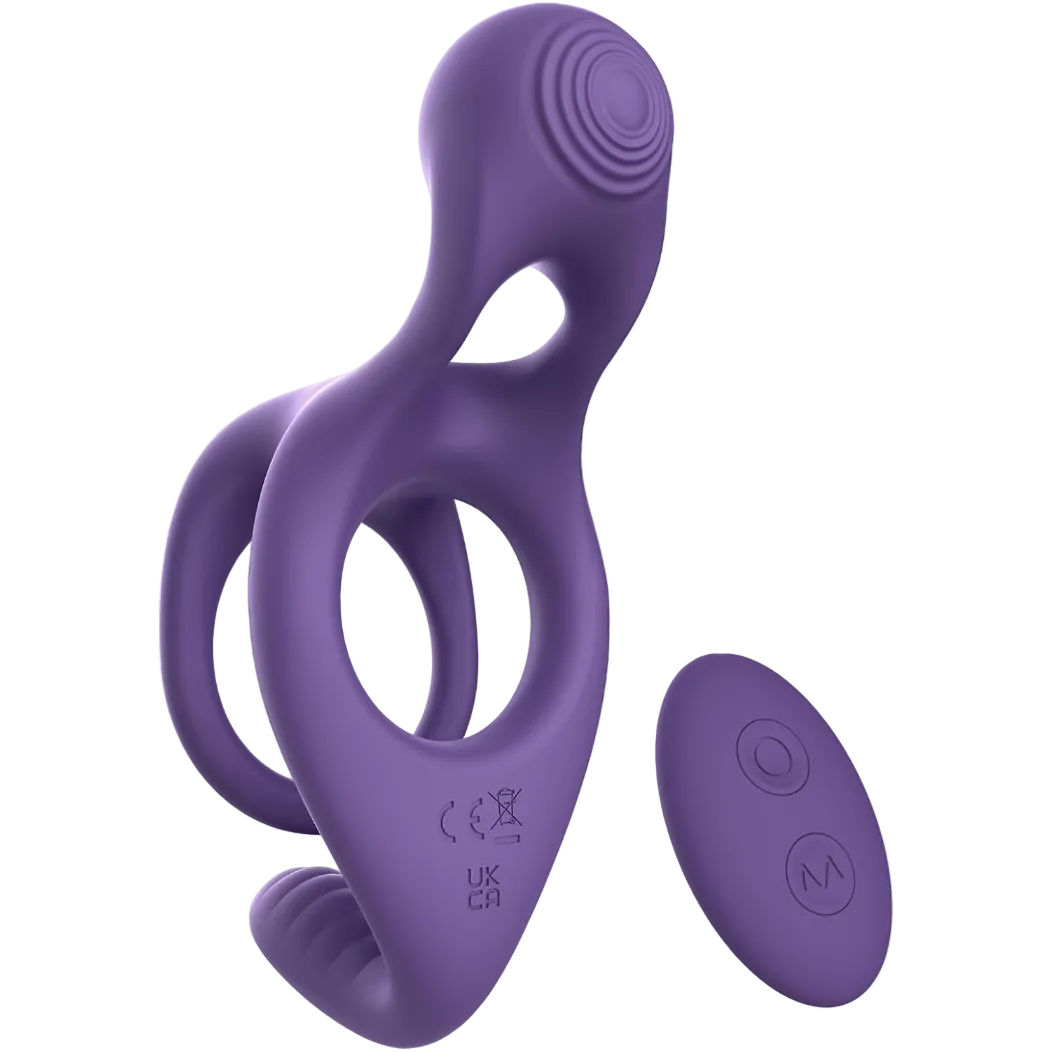 Purple couple ring vibrator with remote control, silicone body and ergonomic loop design