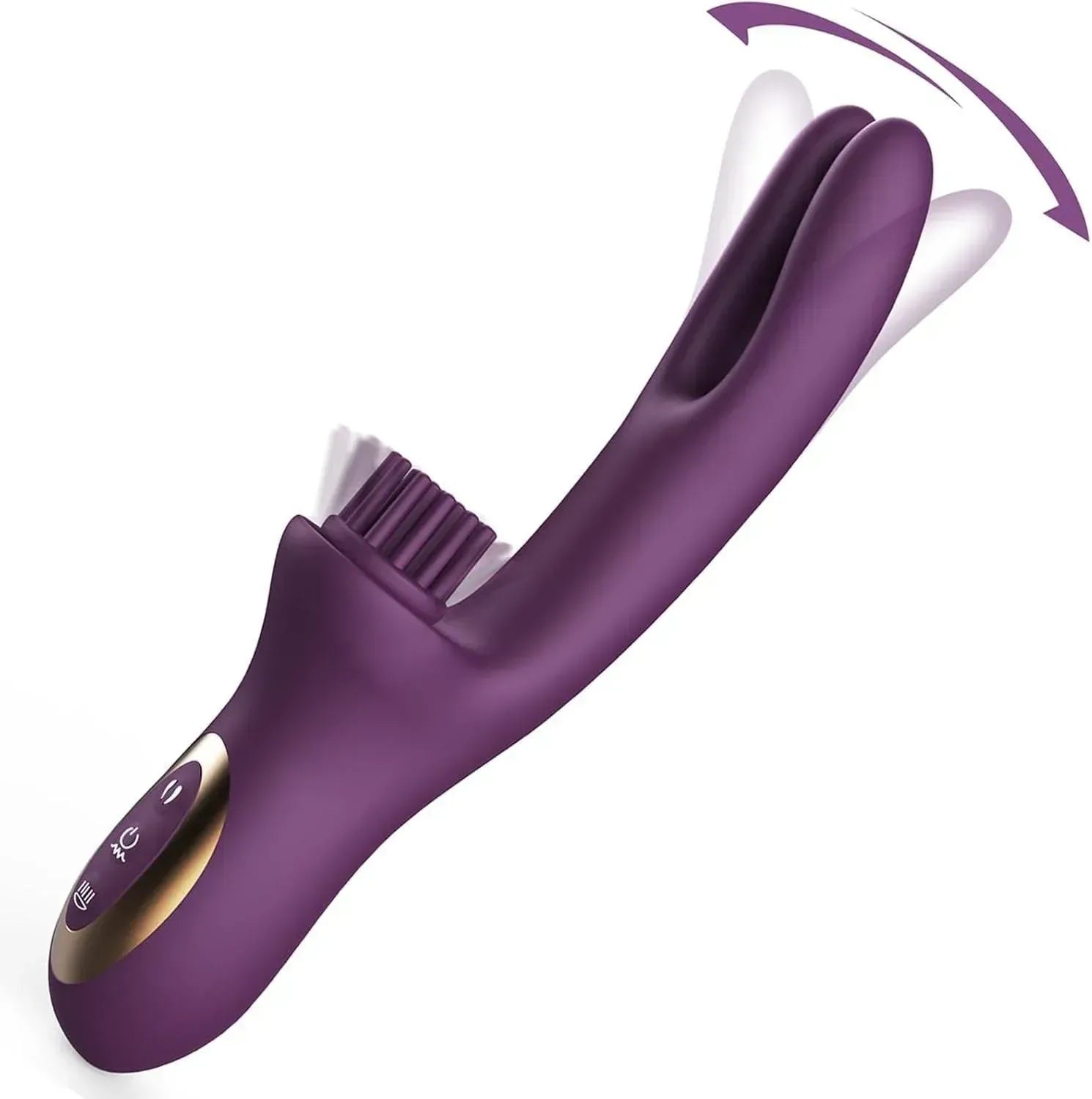 Elatia clitoral tickler vibrator, purple silicone, dual-prong design, textured head, showing motion.