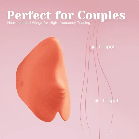 Orange wearable mini vibrator with heart-shaped wings, labeled for C spot and U spot stimulation