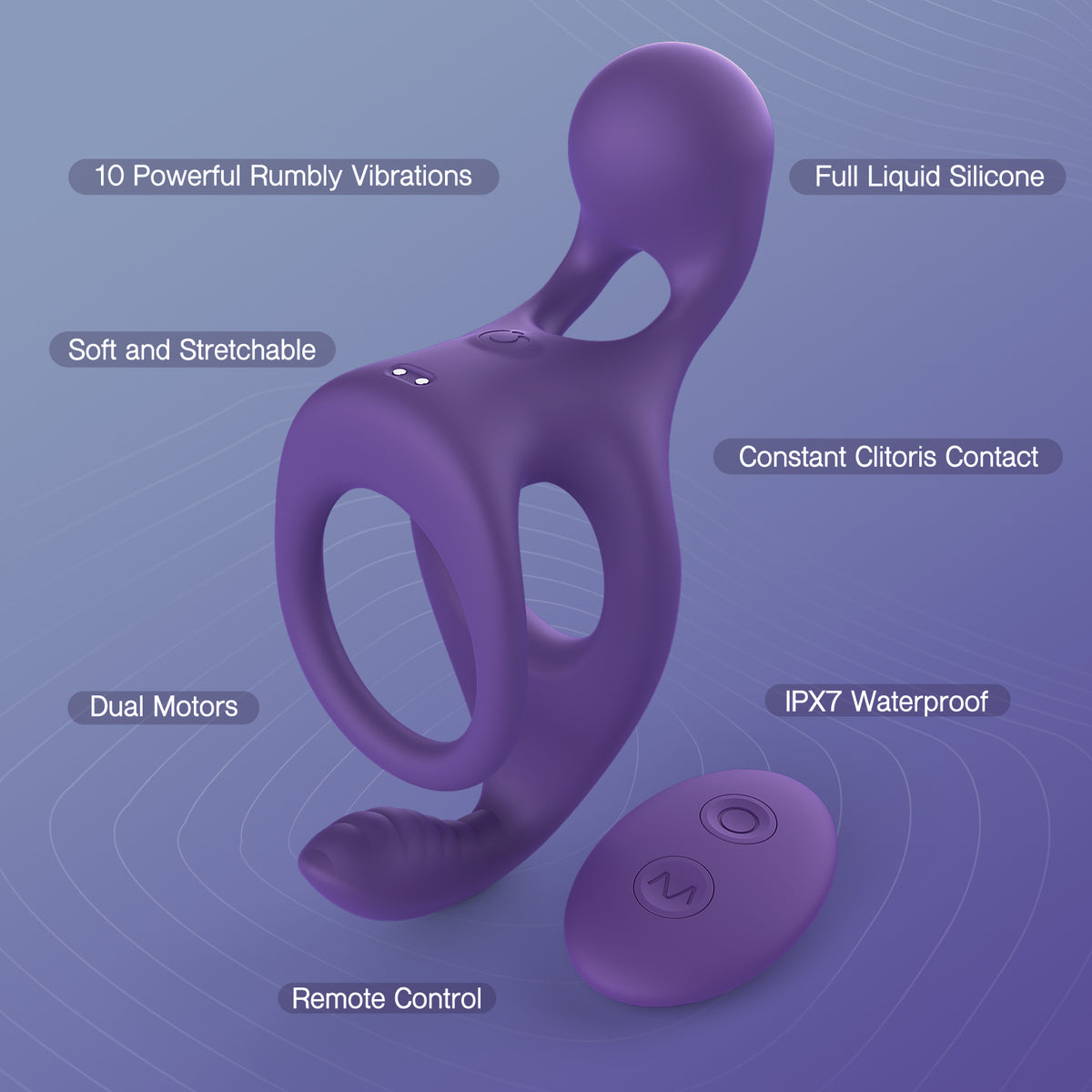Purple liquid silicone couple ring vibrator with dual motors, remote control, and waterproof design