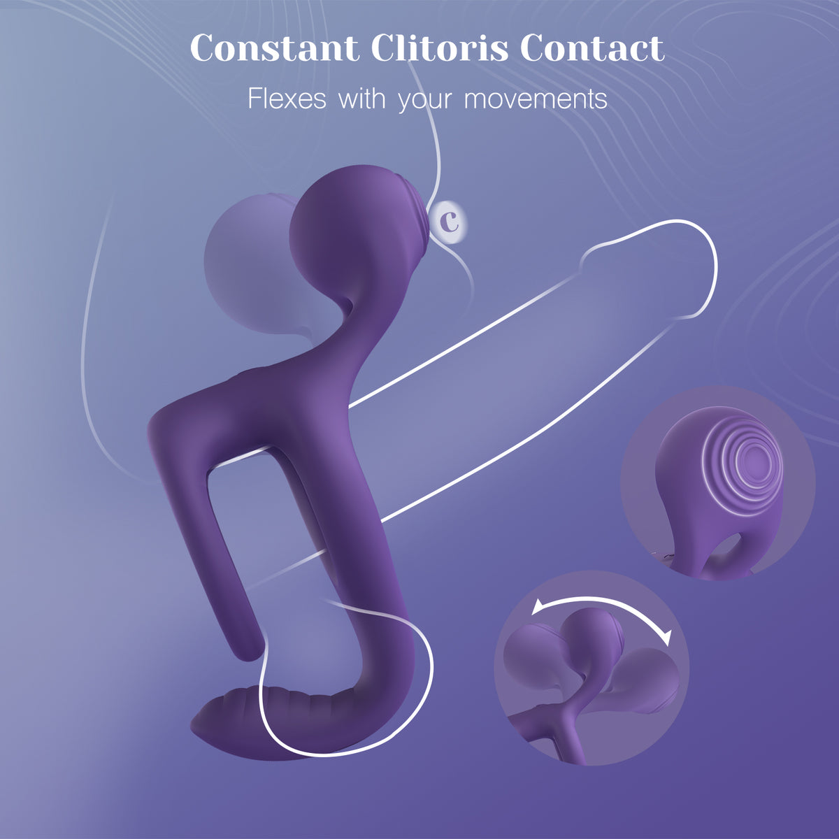 Purple flexible couple ring with clitoral contact design, silicone body, and contoured shape