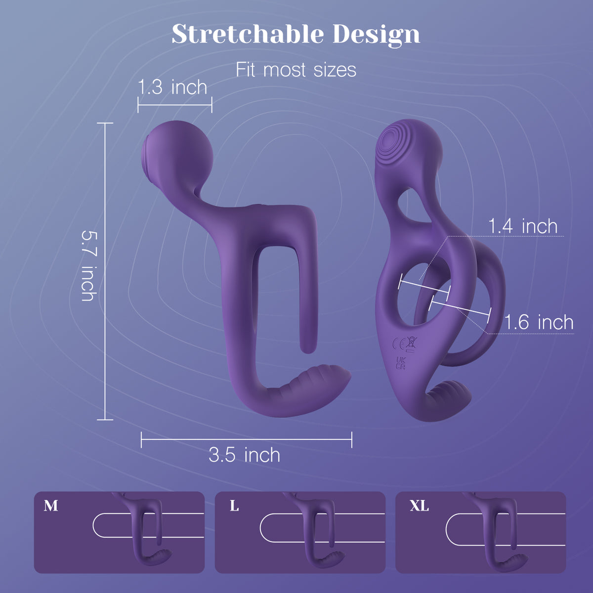 Purple stretchable couple ring with size measurements, 5.7 inch length and fit sizes M, L, XL