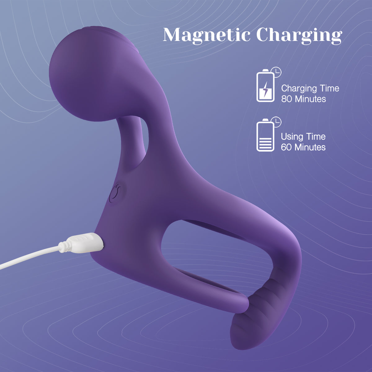 Purple magnetic charging couple ring with USB charging cable, 80-minute charge, 60-minute use