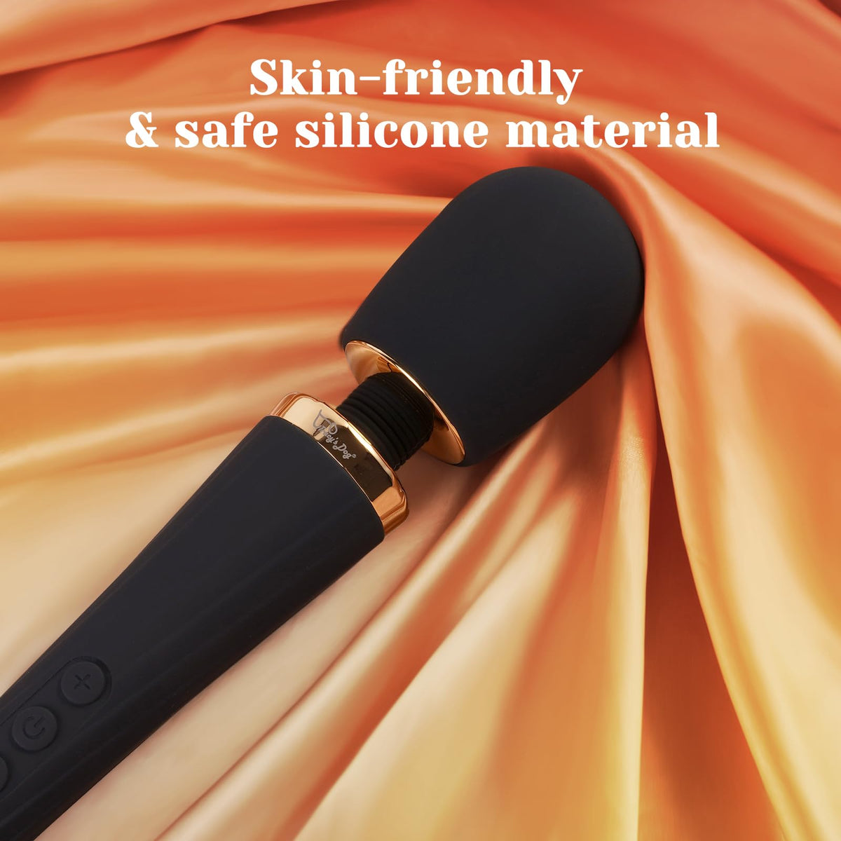 Black magic vibrating wand massager with skin-friendly silicone and rose gold accents