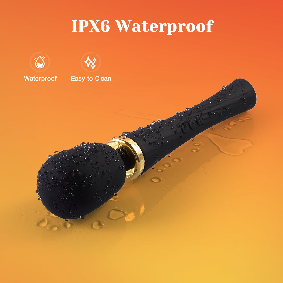 Black Magic Vibrating Wand Massager with gold accent, IPX6 waterproof, easy to clean