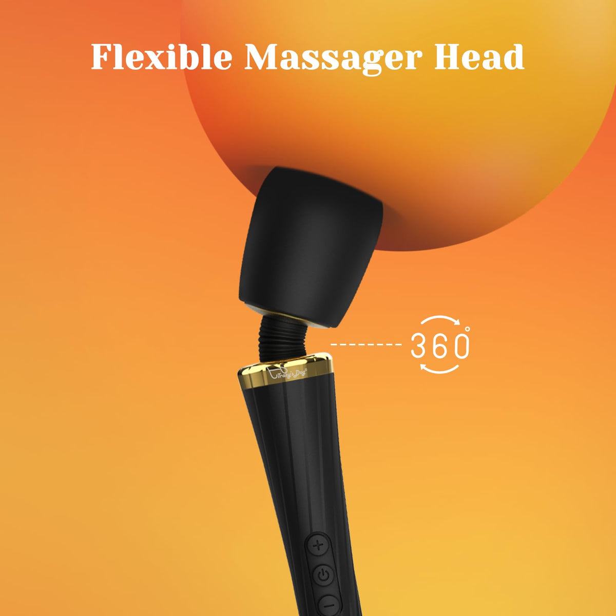 Flexible head wand massager with 360° bendable neck and black silicone handle
