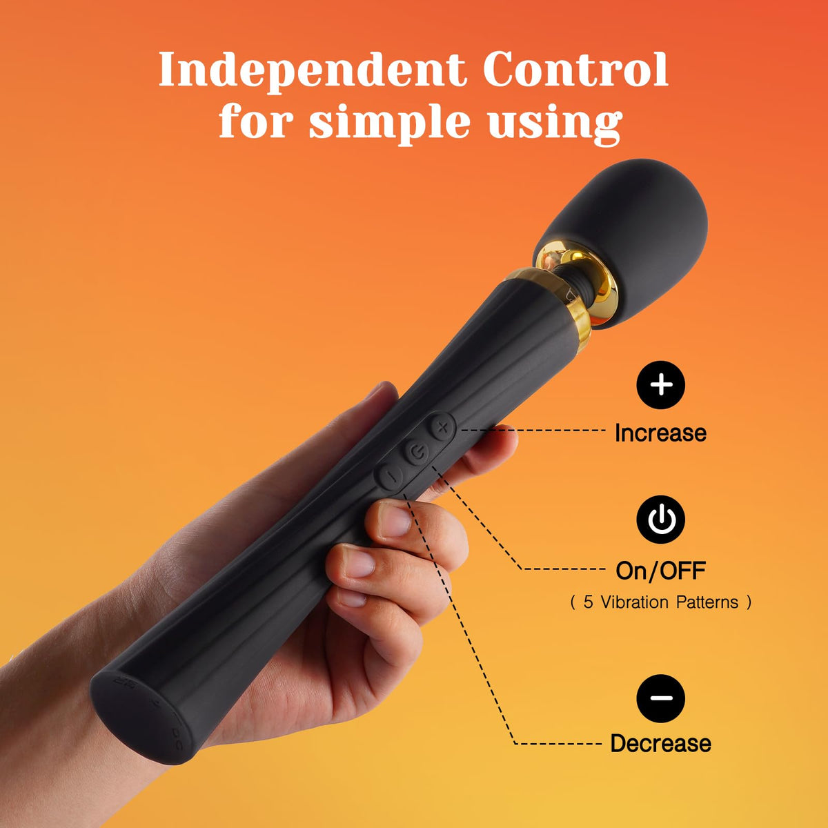 Magic vibrating wand massager with independent controls, 5 vibration patterns, black and gold design
