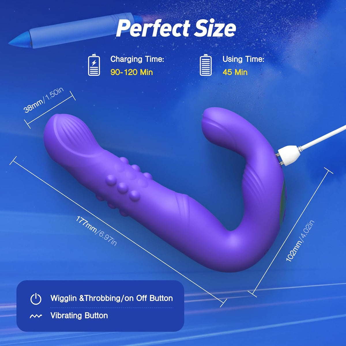 Purple silicone prostate massager anal vibrator with curved design, rechargeable cord, 177mm length