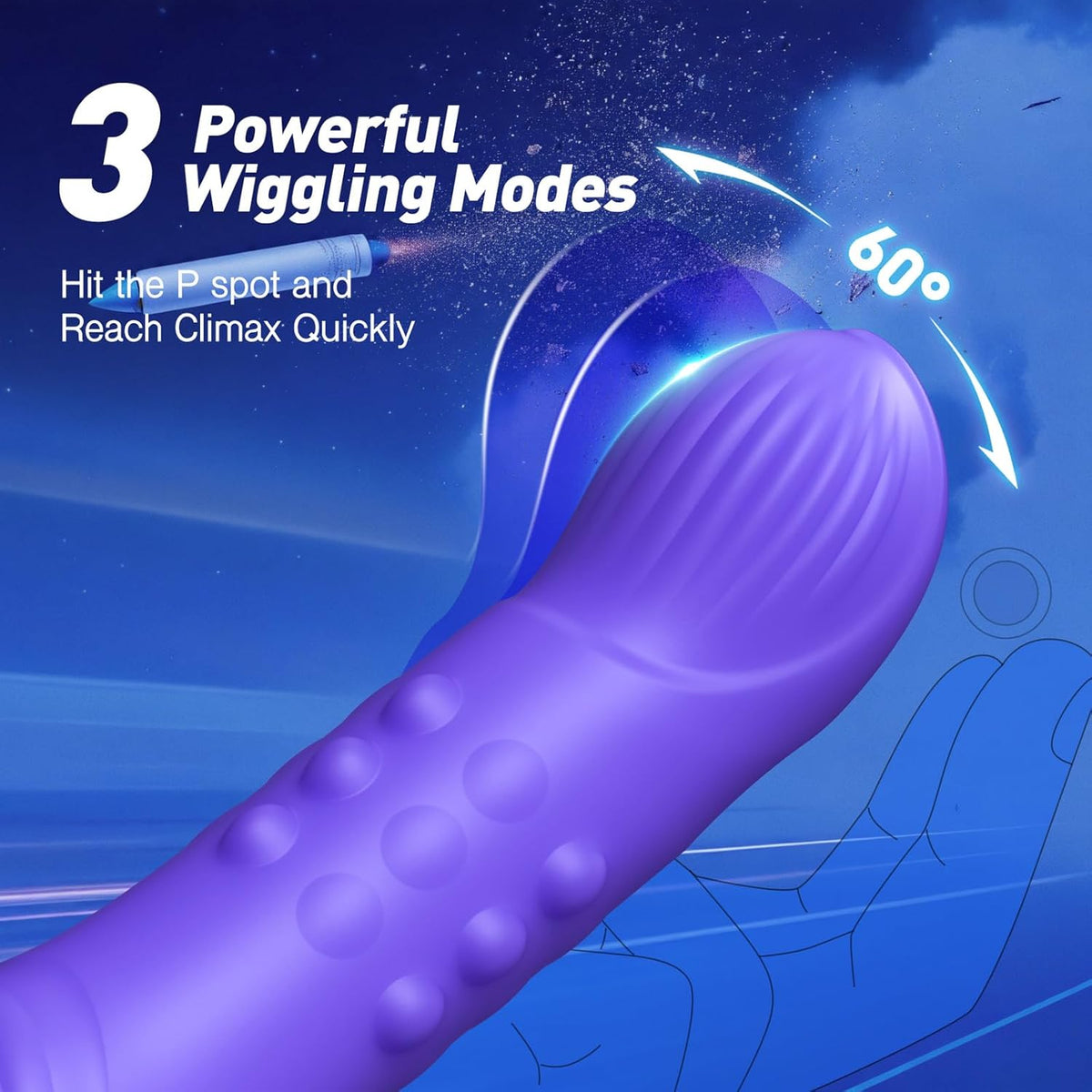 Purple silicone prostate massager vibrator with 3 wiggle modes and 60° curved tip