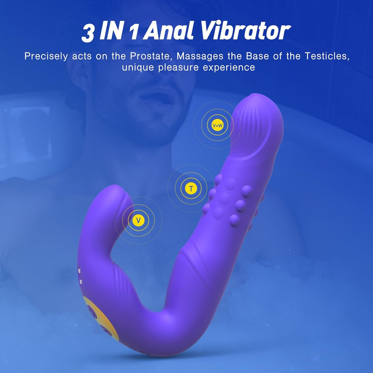 Purple silicone 3-in-1 anal vibrator for prostate stimulation with curved design and textured body