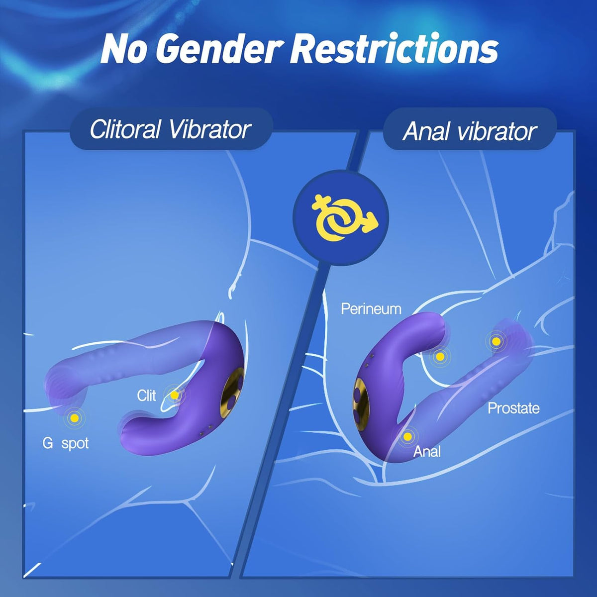 Purple silicone dual-use vibrator for clitoral and anal stimulation with prostate and perineum targeting labels