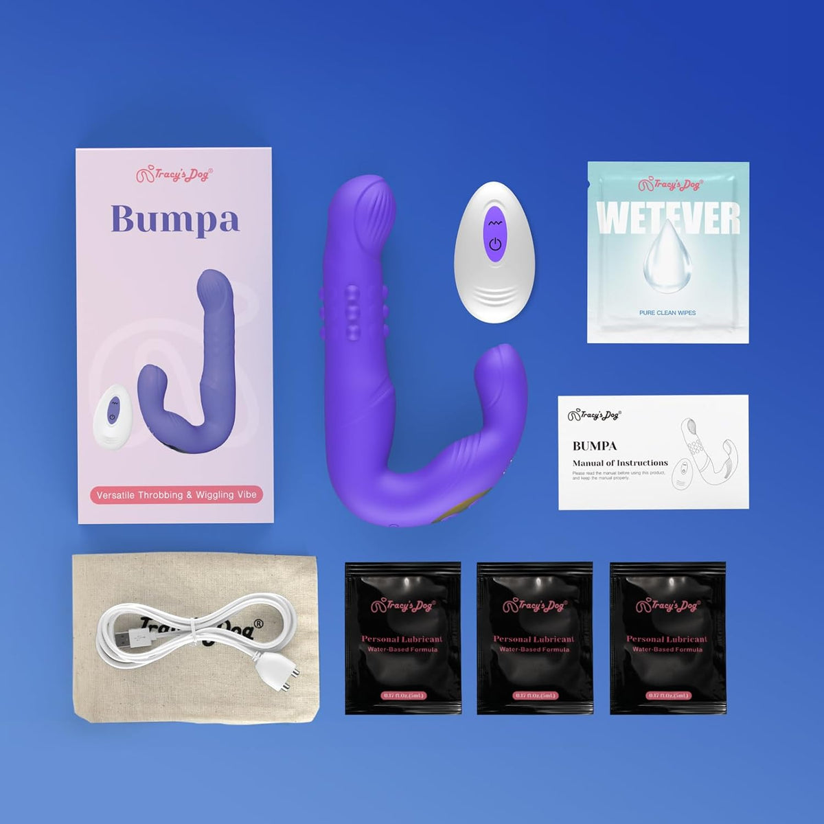 Bumpa purple silicone prostate massager set with remote, charger, wipes and lubricant
