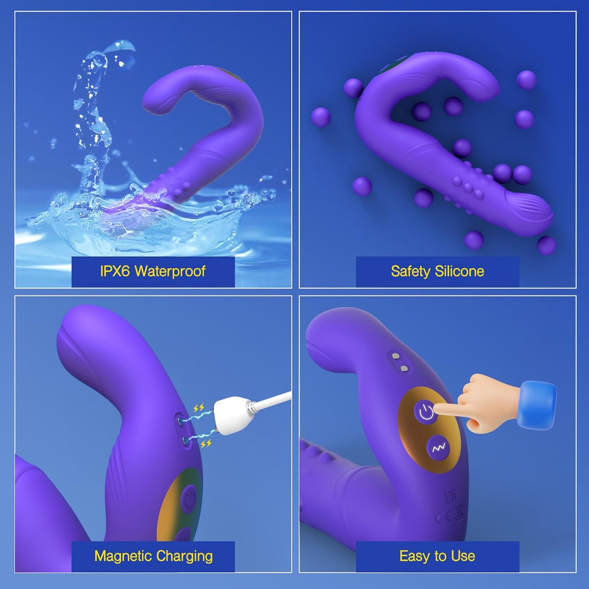 Purple curved silicone prostate massager with IPX6 waterproof, magnetic charging, easy controls