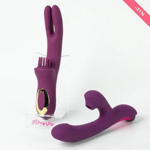 Bundle: Beta & Elatia, two purple vibrators with gold accents and pink details on white background.