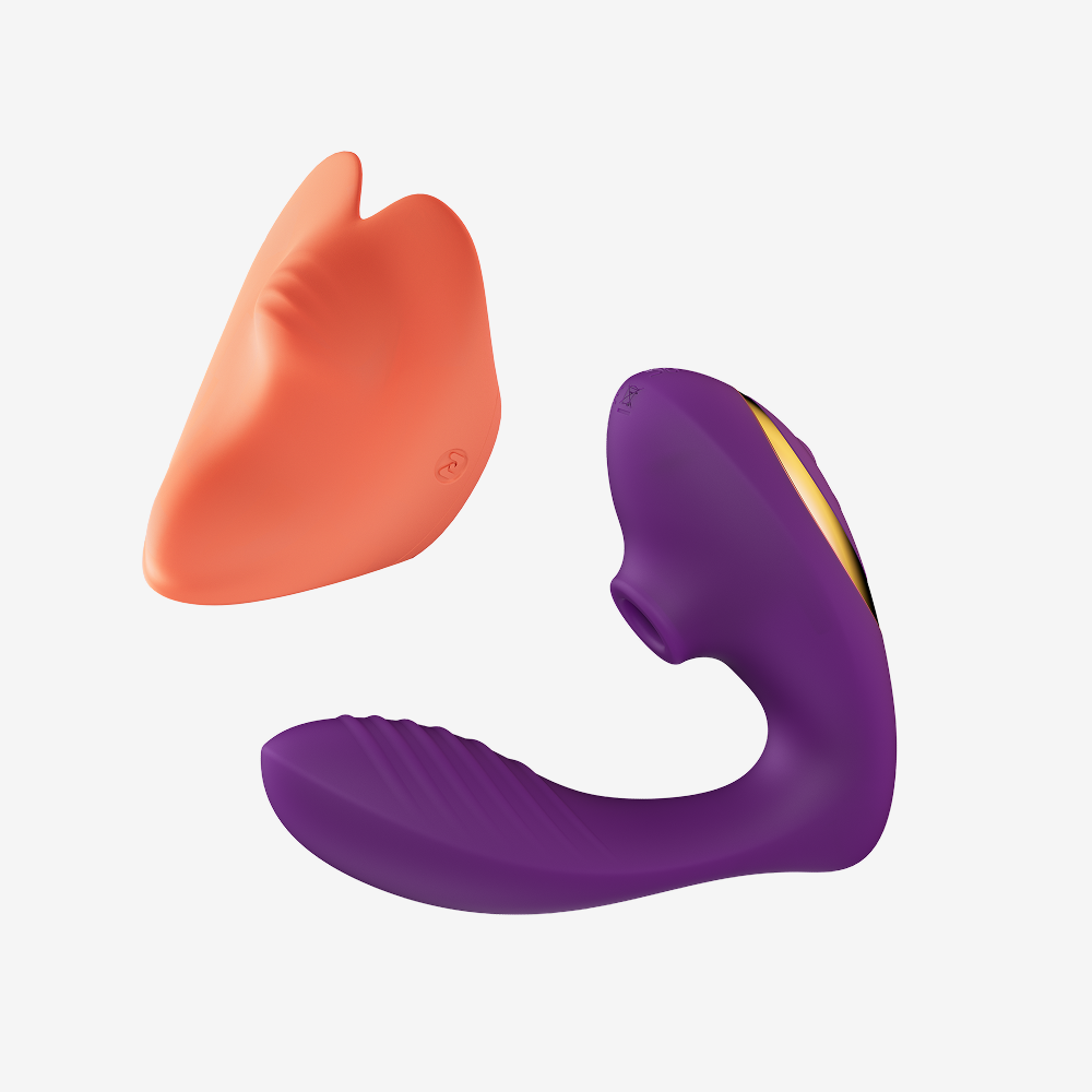 Purple OG dual-stim vibrator and orange Pockety mini silicone bundle