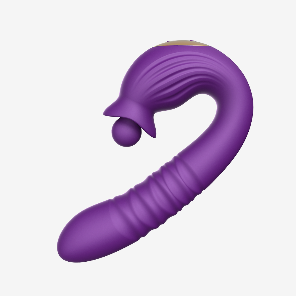 Purple silicone clitoral licking vibrator with curved textured body and spinning flower head