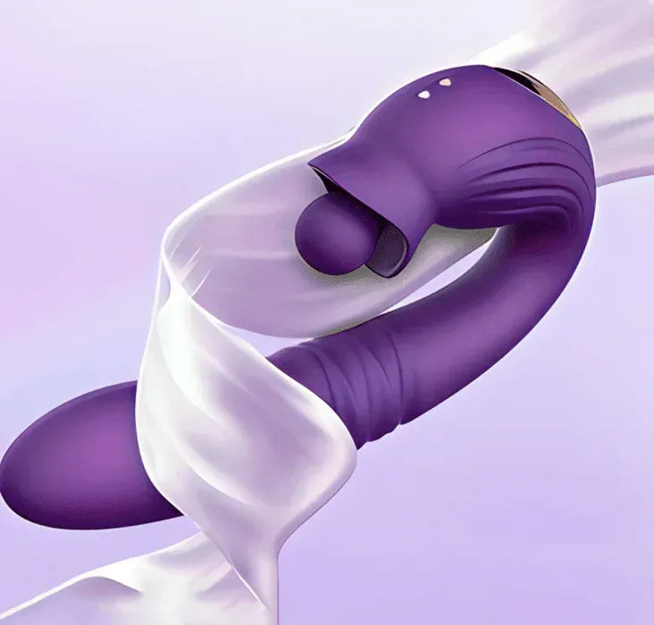 Purple silicone clitoral licking vibrator with curved textured body and spinning flower head