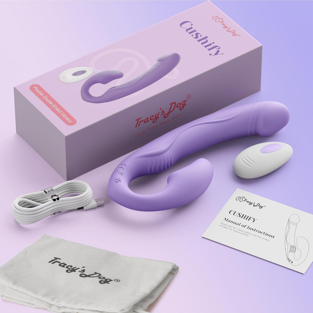 Purple Cushify G-spot clitoral vibrator kit with charging cable, manual, and pouch
