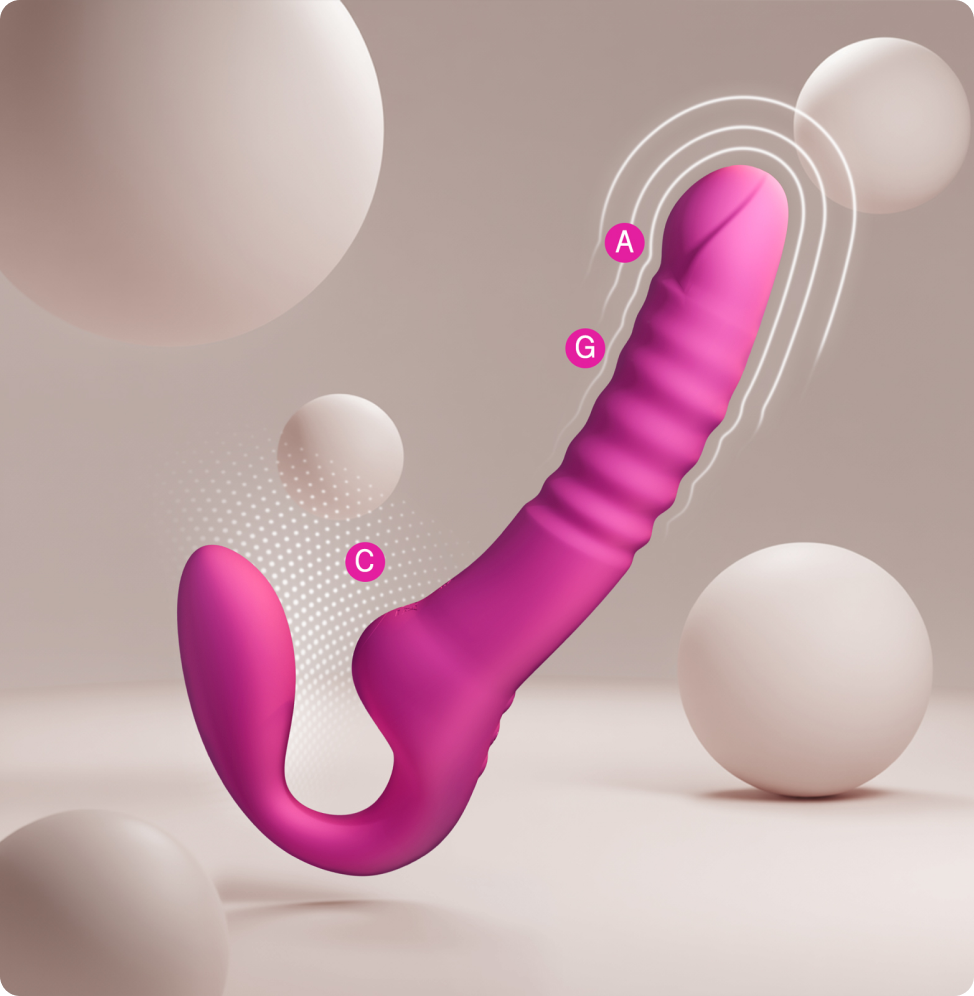 Pink silicone G-spot thrusting vibrator with clitoral and vaginal stimulation