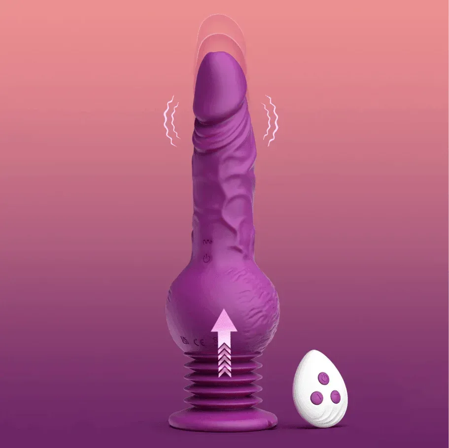 Purple thrusting dildo vibrator with suction cup base and remote control