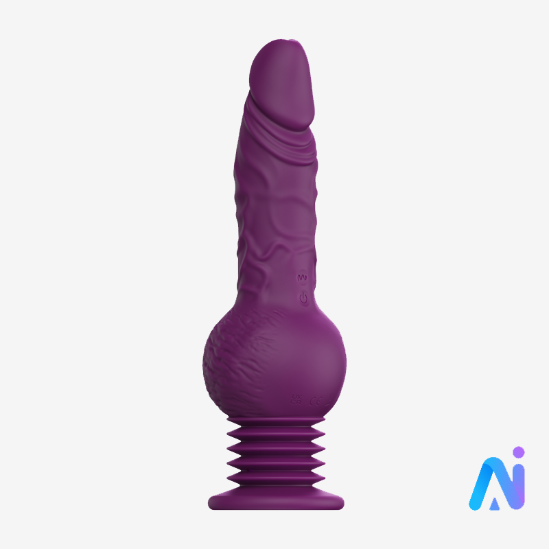 Purple thrusting dildo vibrator with textured shaft, rounded base, and suction cup
