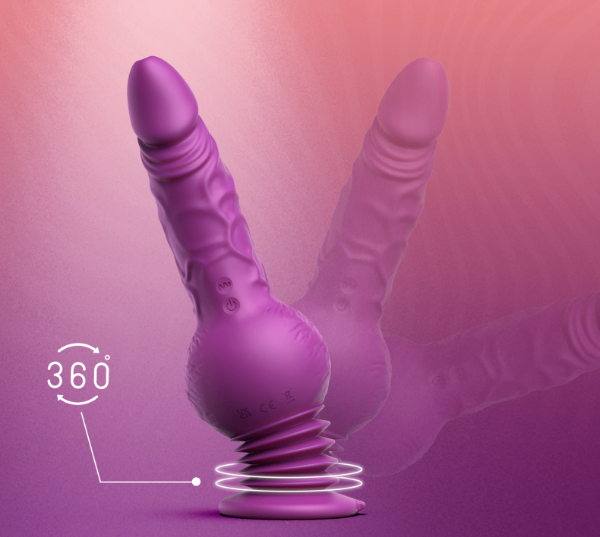 Purple thrusting dildo vibrator with 360° flexible suction base on pink background