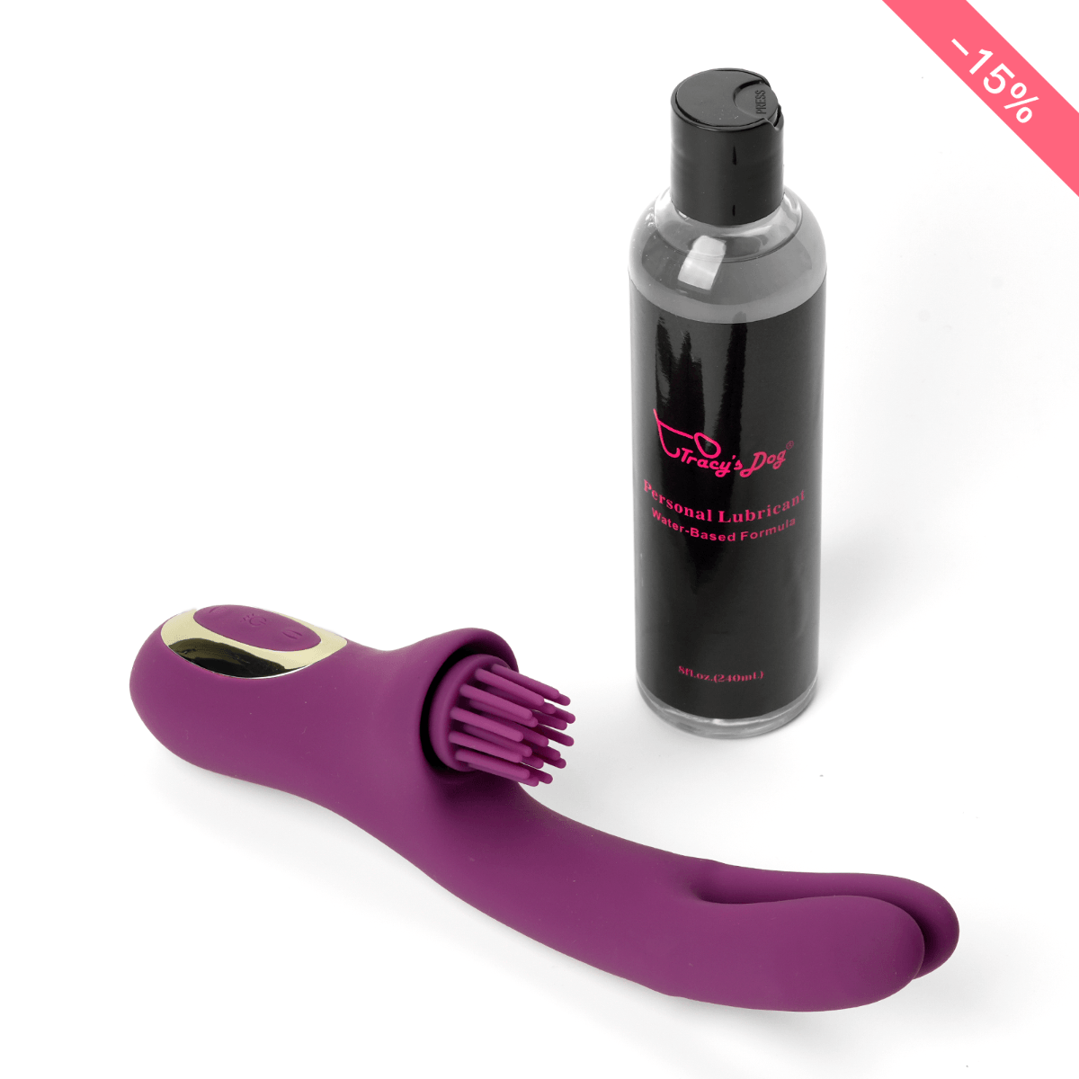 Purple Elatia clitoral tickling vibrator with silicone bristles and water-based lubricant bottle
