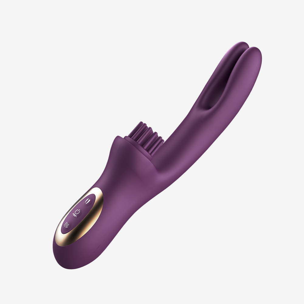 Purple silicone Elatia clitoral tickling vibrator with dual-prong design and control buttons