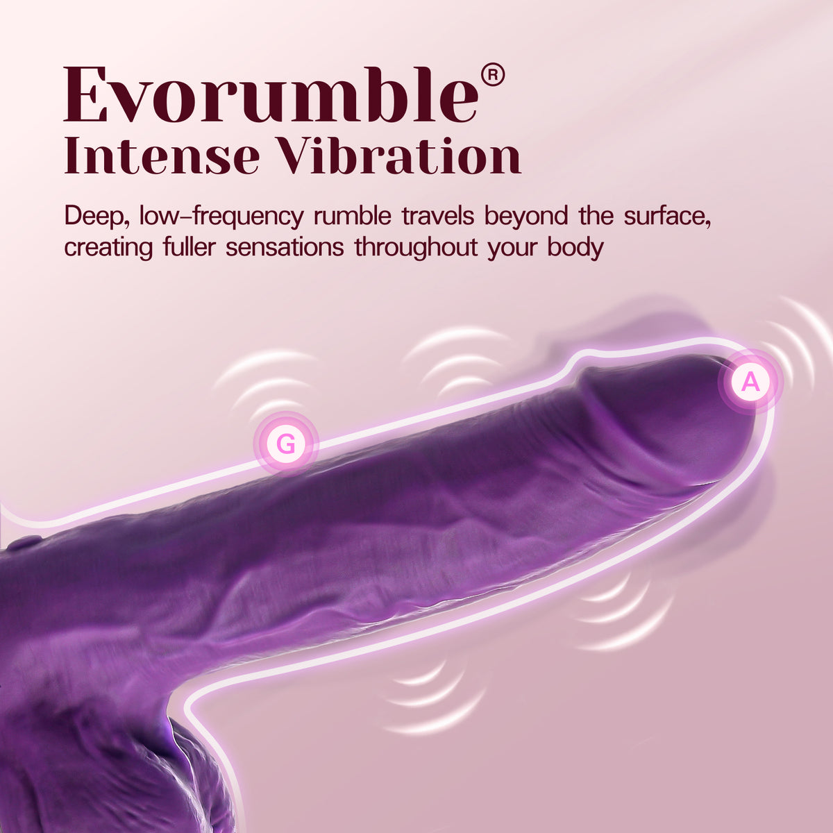 Promotional graphic for an adult product showing a purple textured shaft with labeled G and A points and white vibration wave lines, under the text 'Evorumble Intense Vibration' on a soft pink background.