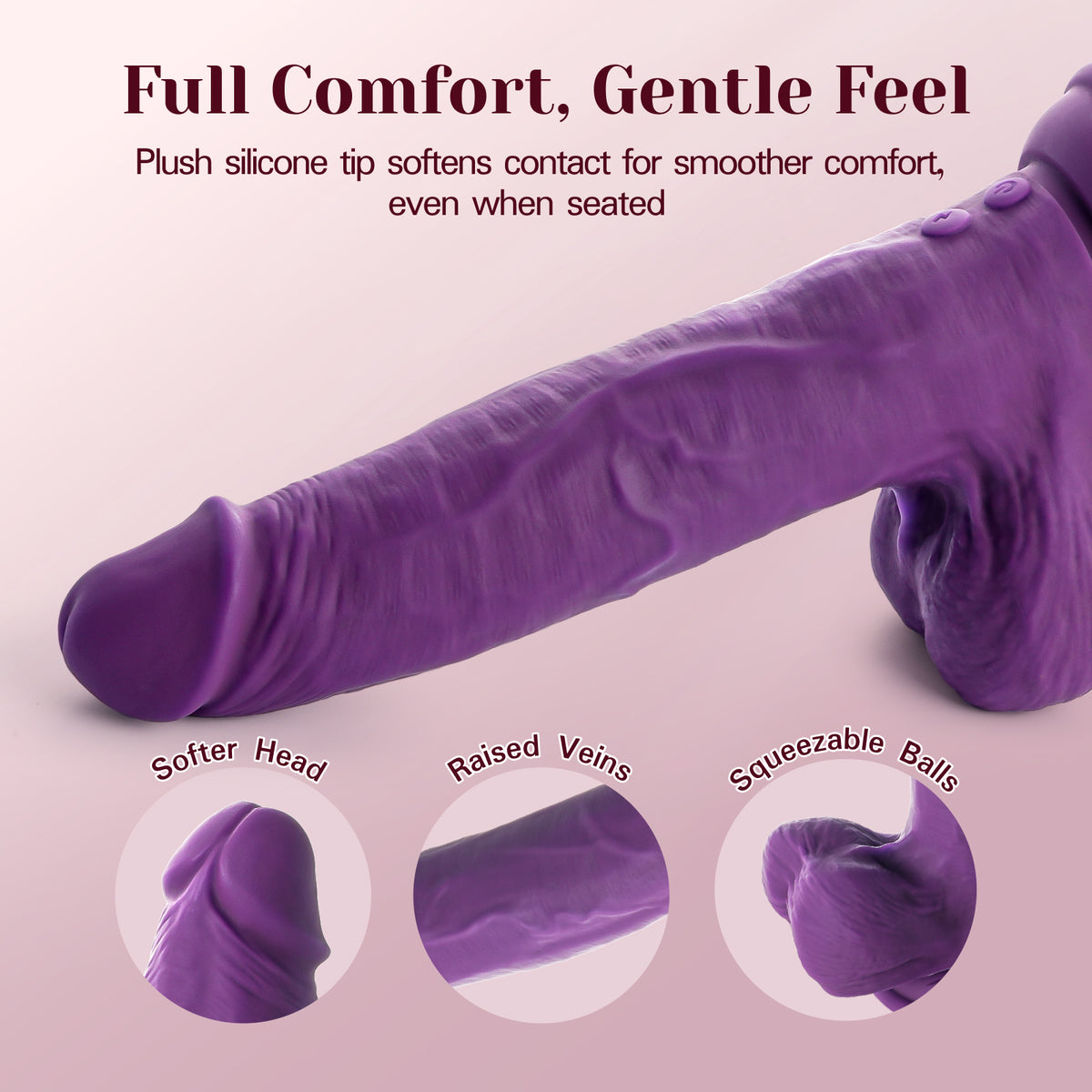 Purple silicone dildo shown on a pale pink background with marketing text reading 'Full Comfort, Gentle Feel' and three circular close-up callouts labeled 'Softer Head,' 'Raised Veins,' and 'Squezable Balls.'.