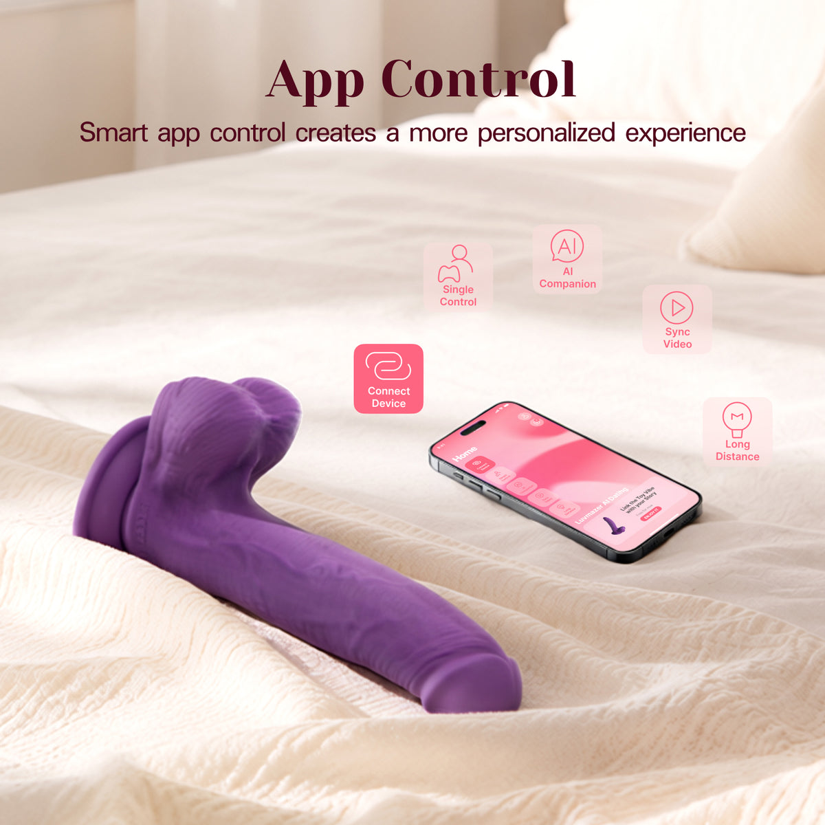 A purple intimate massager lies on a cream-colored bed next to a smartphone displaying the connected app interface, with text overlays highlighting app control features.