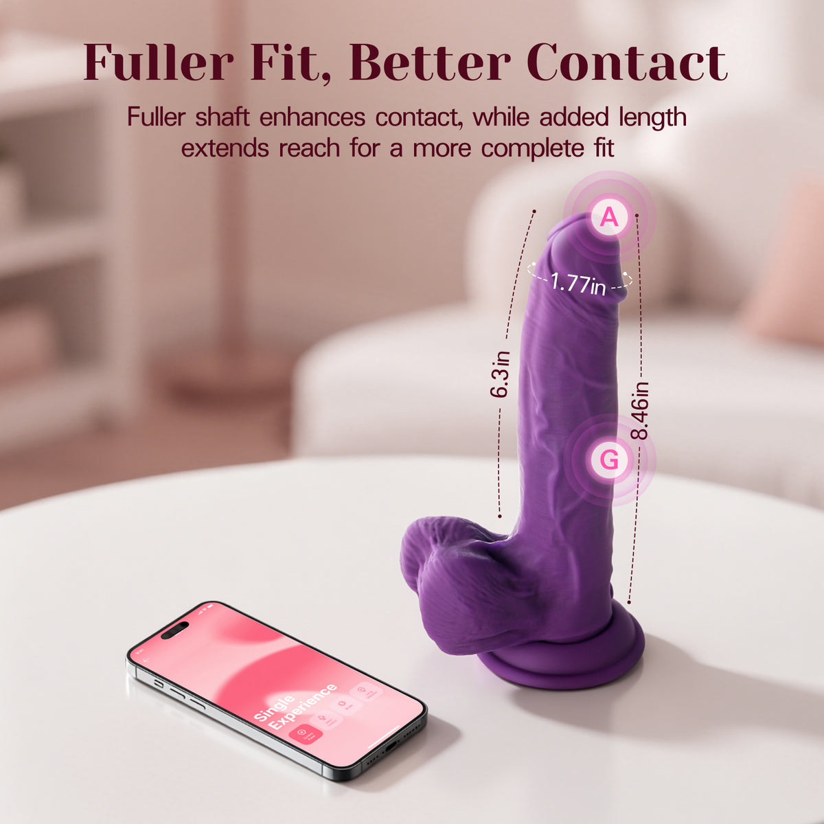 Purple adult novelty massager shown on a white table with overlaid dimension labels and a smartphone nearby, plus marketing text about fuller fit and better contact.