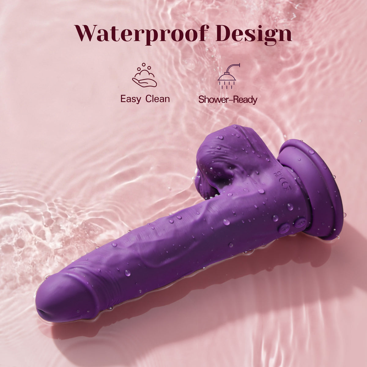 Purple waterproof adult novelty device with a suction cup base, shown in pink water with text reading 'Waterproof Design' and icons for 'Easy Clean' and 'Shower-Ready'.
