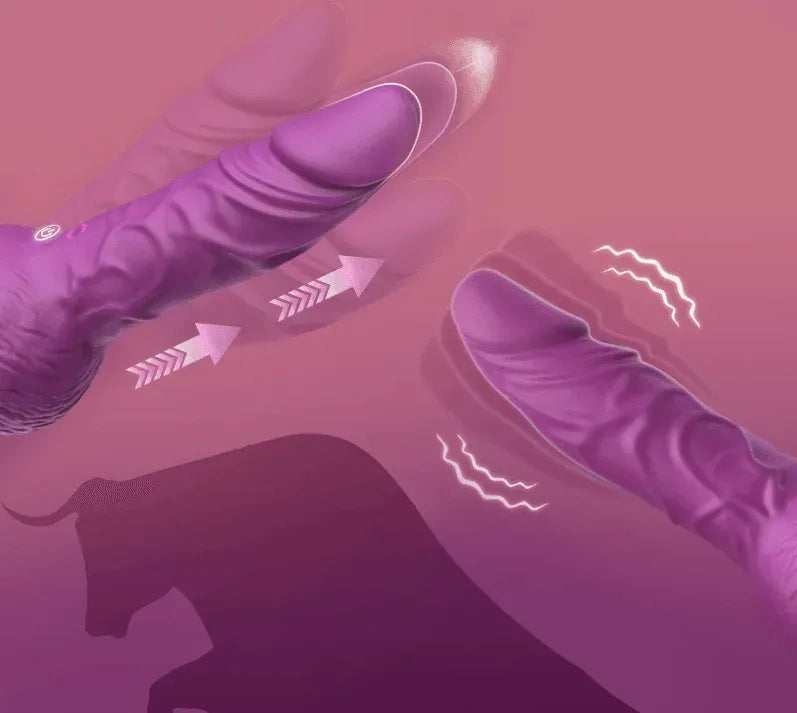 Purple thrusting dildo vibrator with motion arrows and vibration waves on pink background