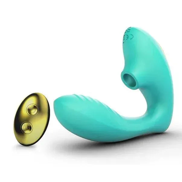 Teal OG 2 clitoral sucking vibrator with textured grip and gold remote with two buttons.